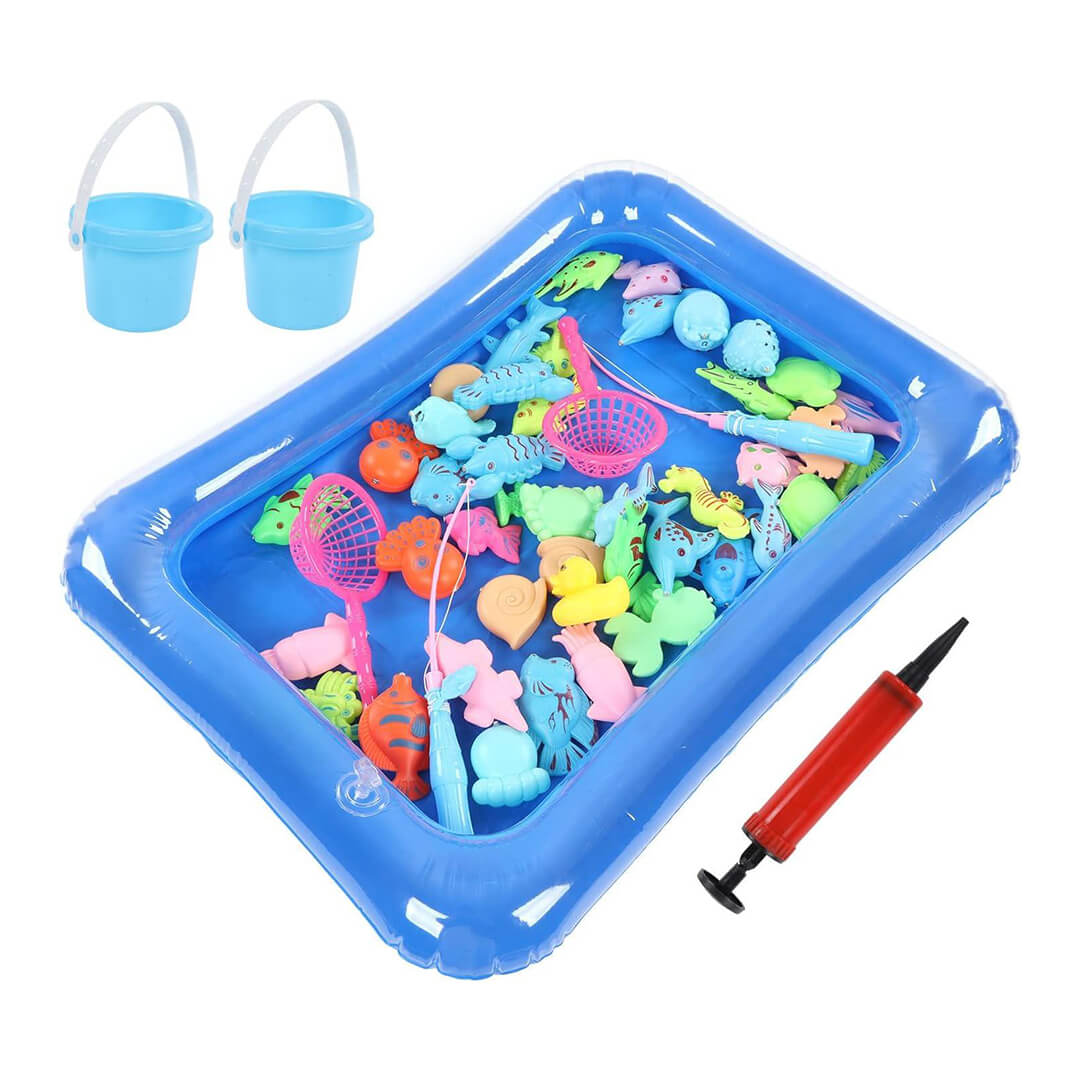 Magnetic fishing game set with inflatable pool and buckets