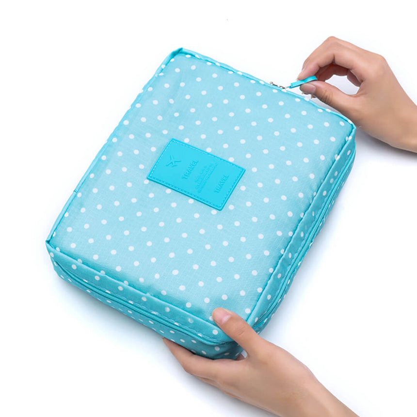 Portable Double Layer Makeup Organizer Bag Dotted-Blue