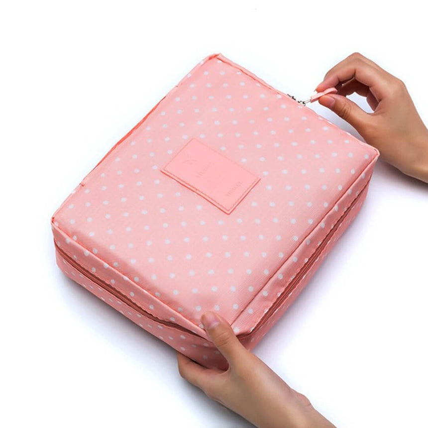 Portable Double Layer Makeup Organizer Bag Dotted-pink