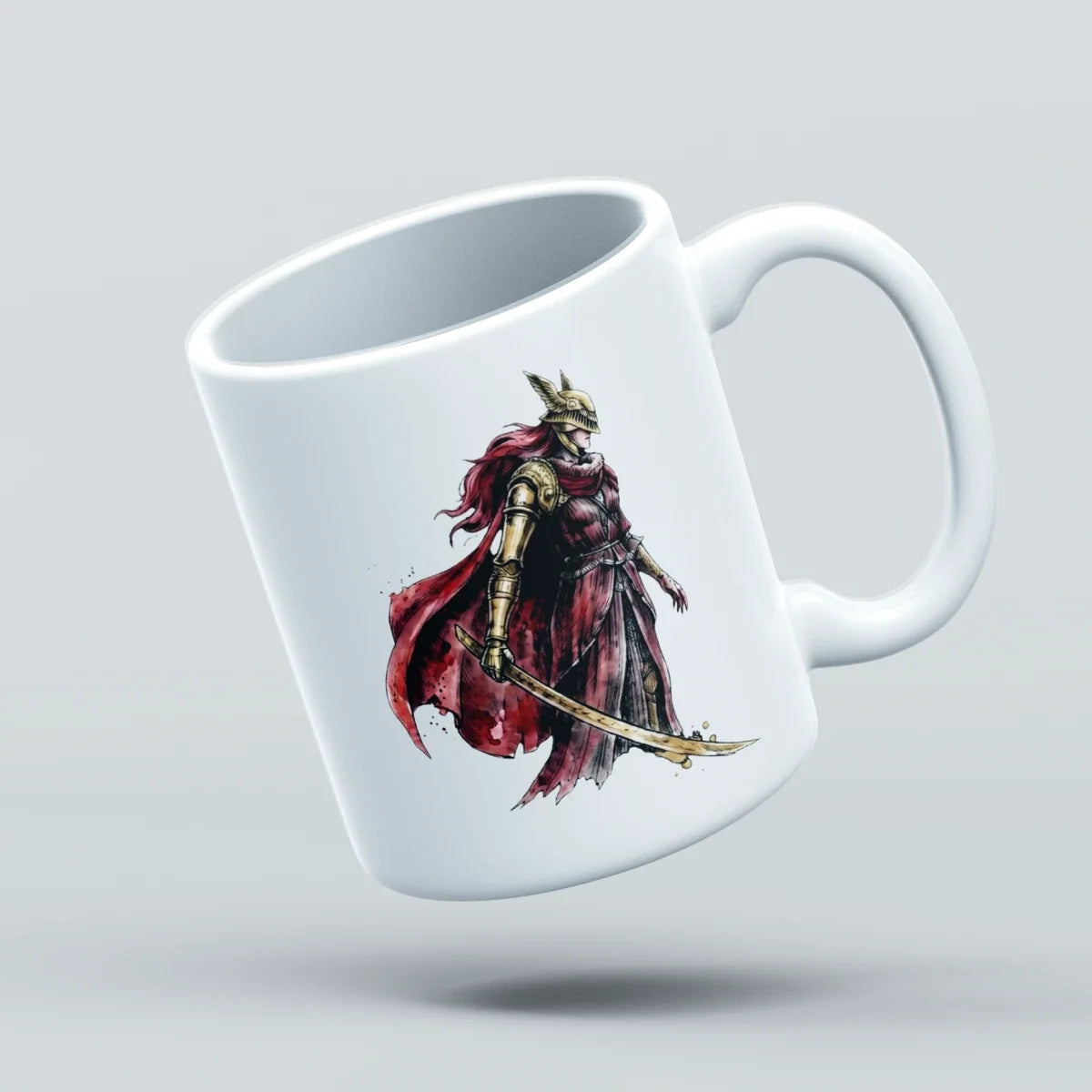 A white ceramic coffee mug with a printed graphic of a fantasy warrior in red and gold armor, shown floating against a light gray background.