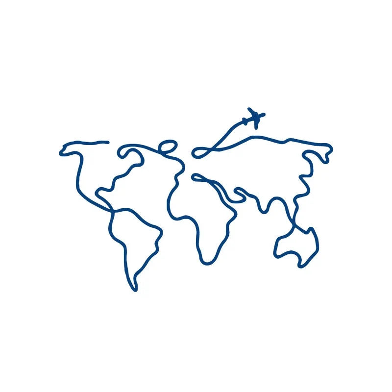 temporary tattoo of an outline of a world map with an airplane on a white background,