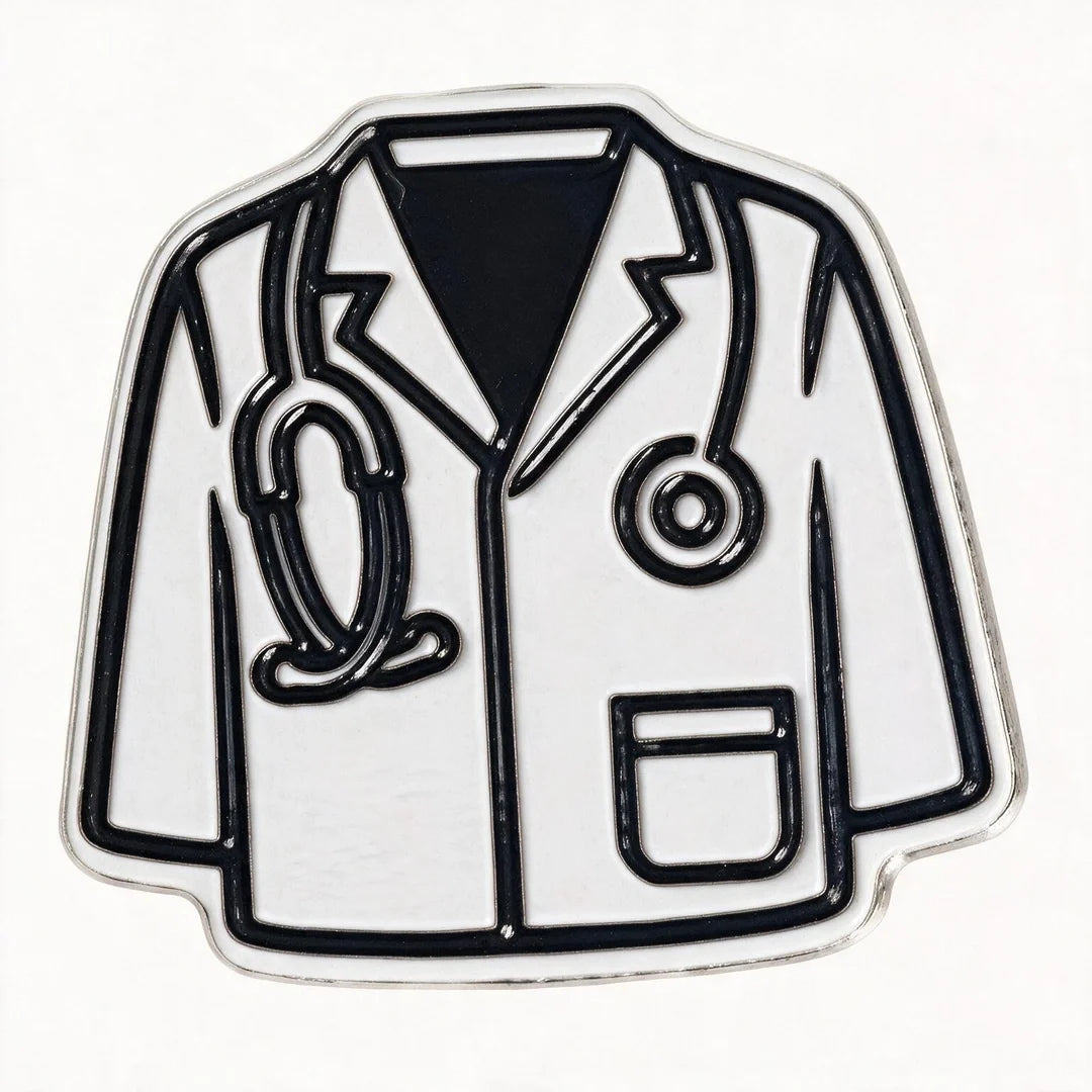 A die-cut enamel pin shaped like a white doctor's coat with black outlines and a black stethoscope, shown on a plain white background.