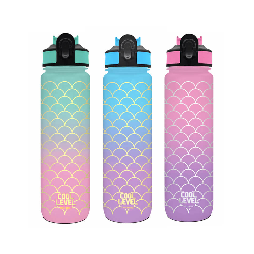 Three colorful water bottles with mermaid pattern for girls