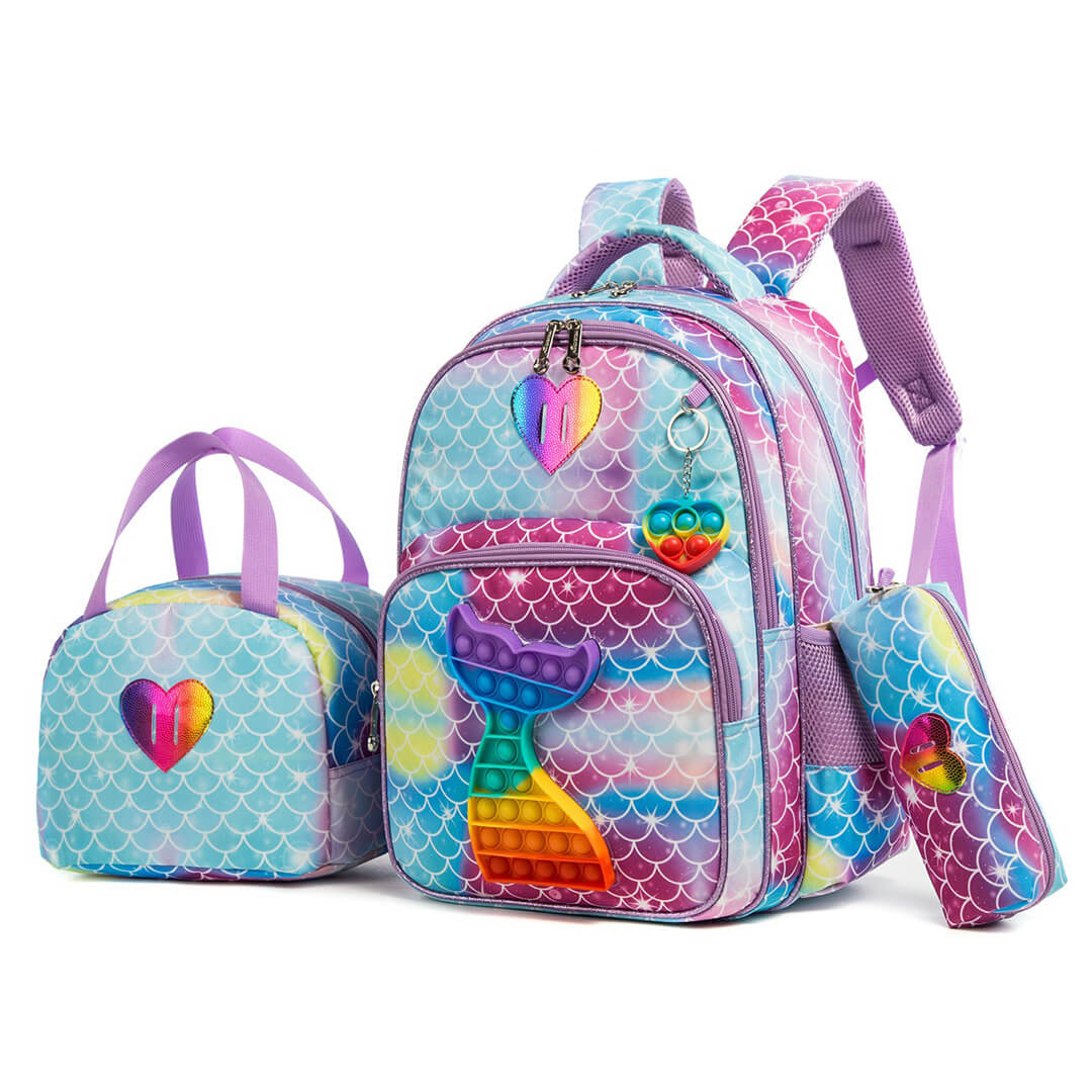 Mermaid Colorful Pop-It Backpack - 3 pieces Set