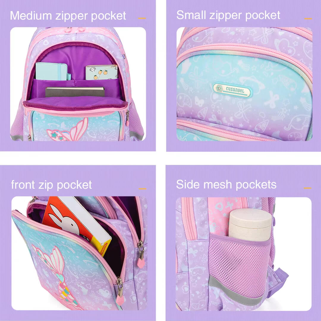 Mermaid school backpack for girls, all angles with side mesh pockets