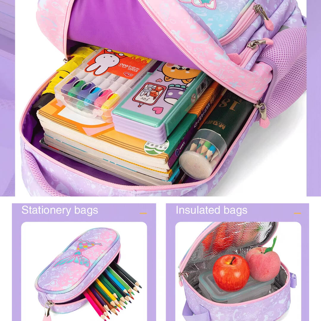 Purple  Mermaid backpack with stationery items and an insulated bag with fruits