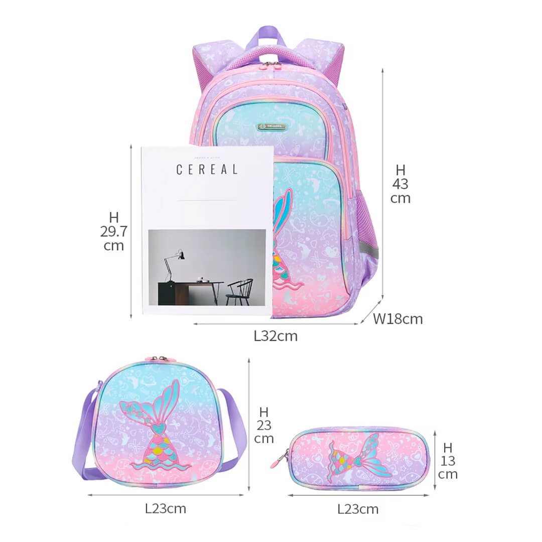 Girls Mermaid print school backpack set with lunch bag and pencil bag 