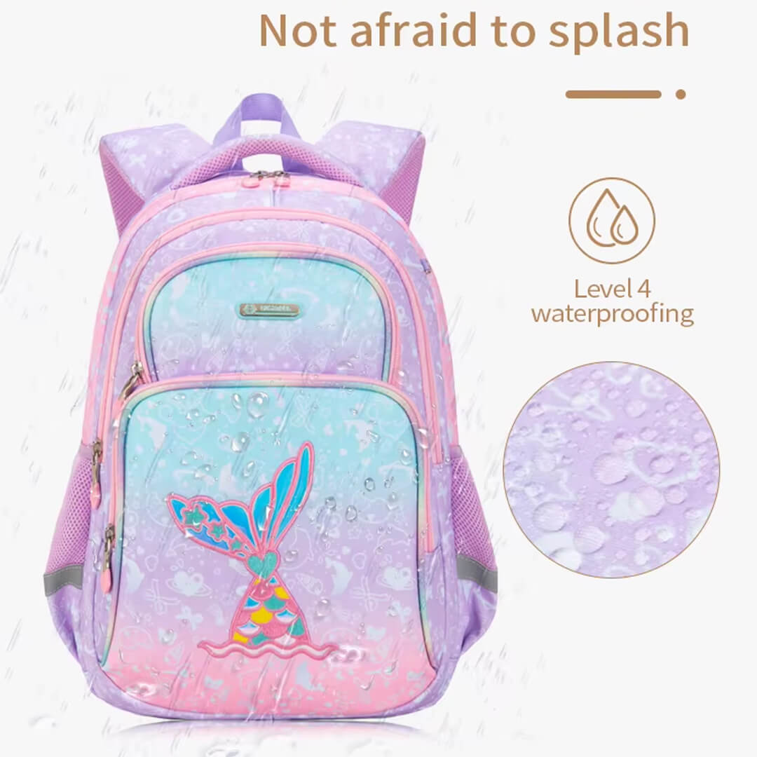 Water-resistant Girls mermaid backpack, pastel colors purple and pink