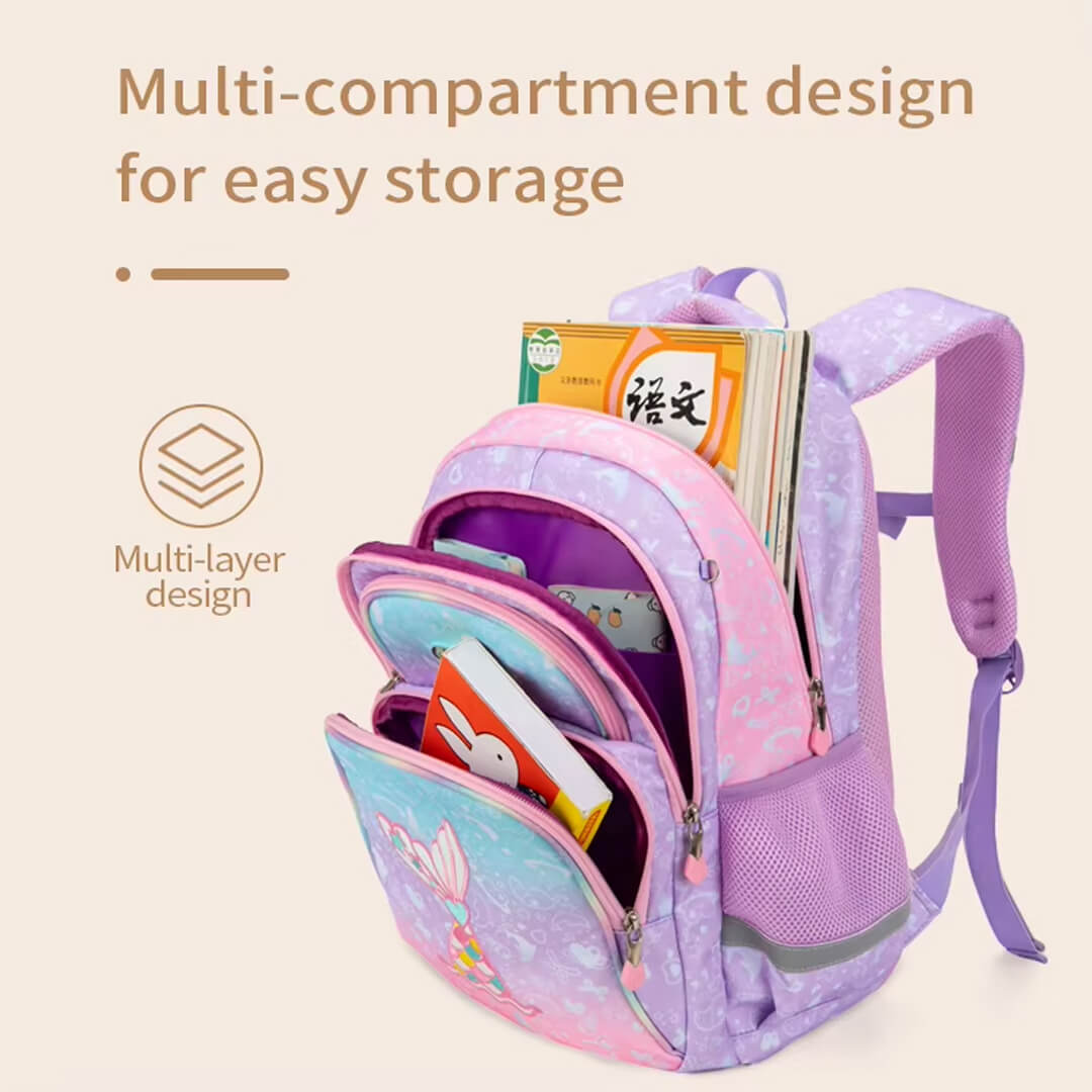 Girls mermaid backpack with with multi-compartment for easy storage  
