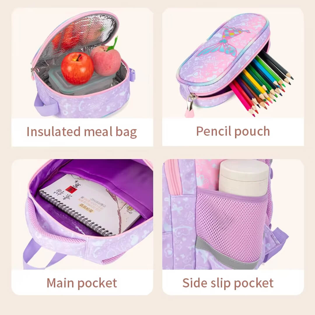 Girls Mermaid school backpack with  insulated lunch bag and pencil bag