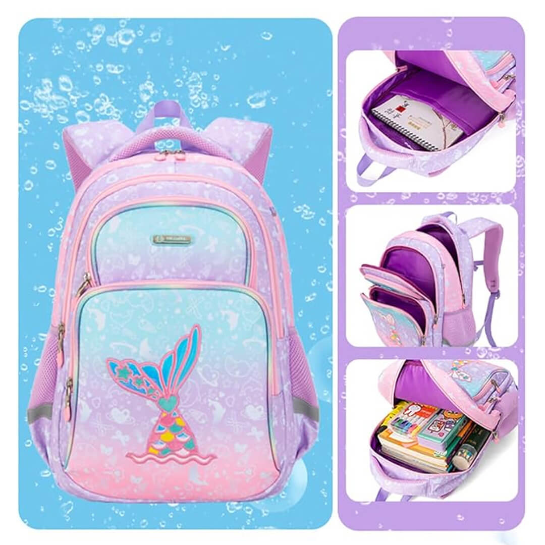 Open mermaid backpack showing 3 compartments, pastel colors