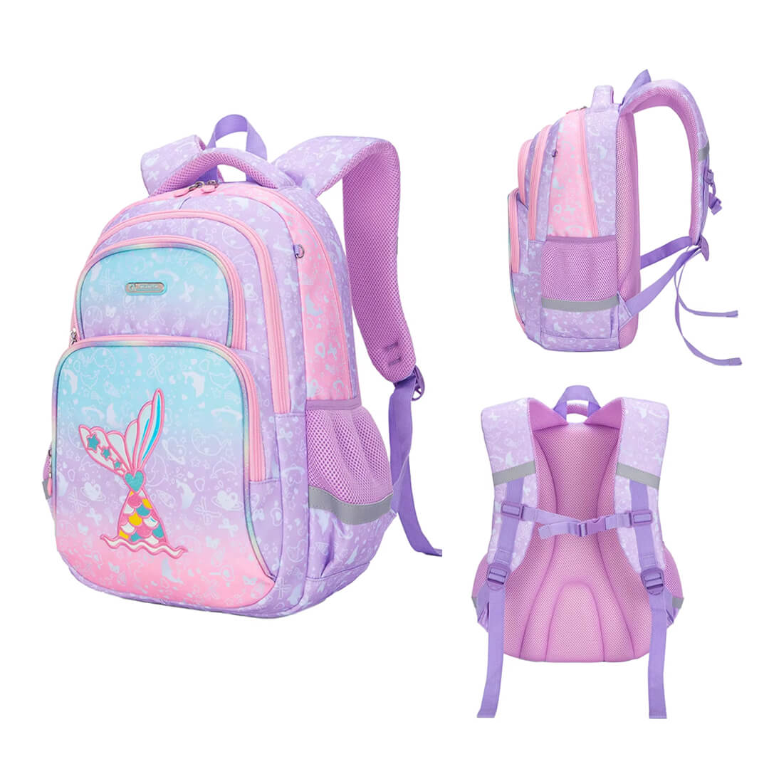 Mermaid school backpack for girls, all angles