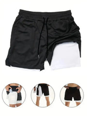 Black shorts with white lining on a white background, with inset images showing the shorts from different angles.
