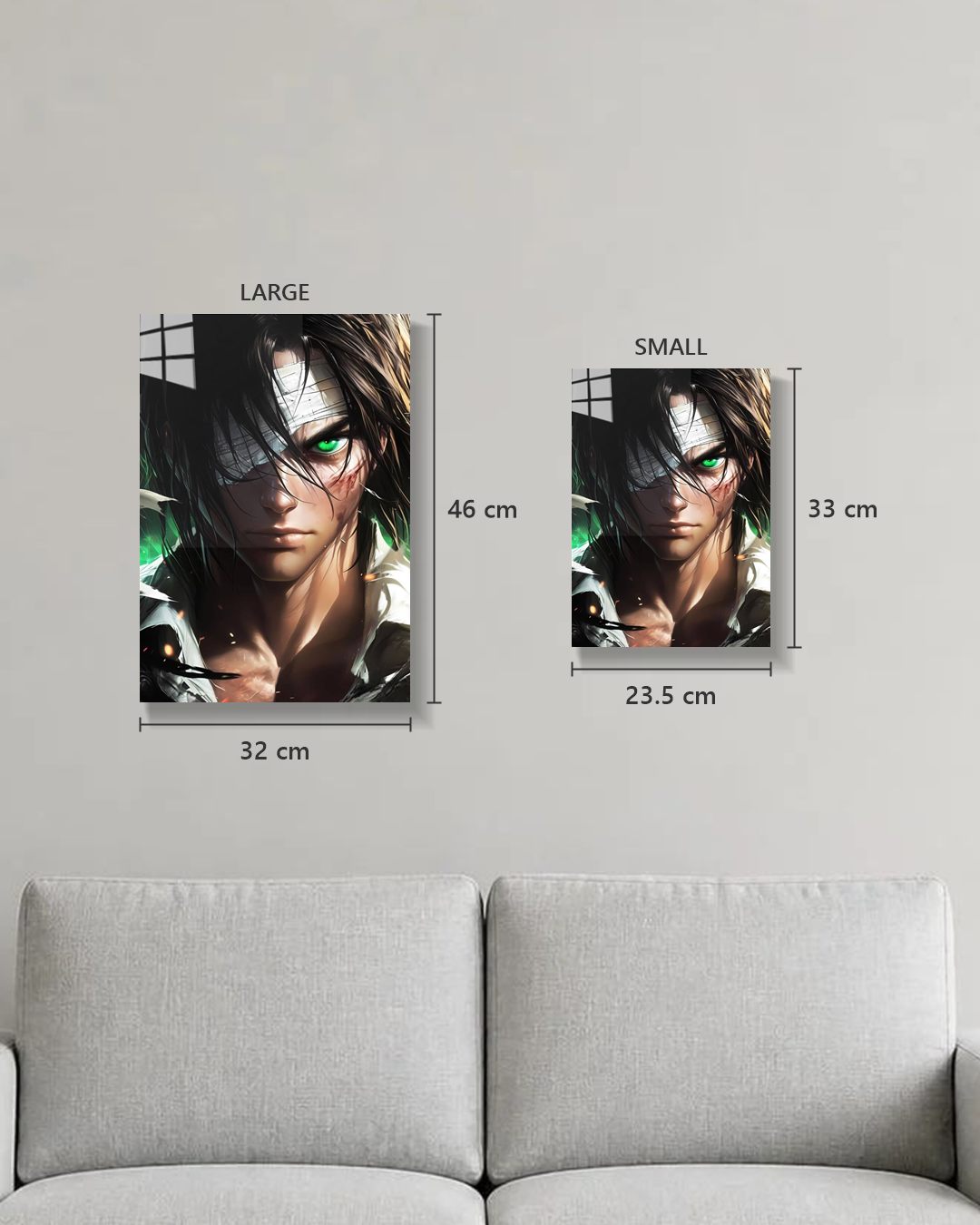 Attack On Titan Eren metal poster true size, Large 46 x 32 cm and Small 33 x 23.5 cm on a wall above a sofa