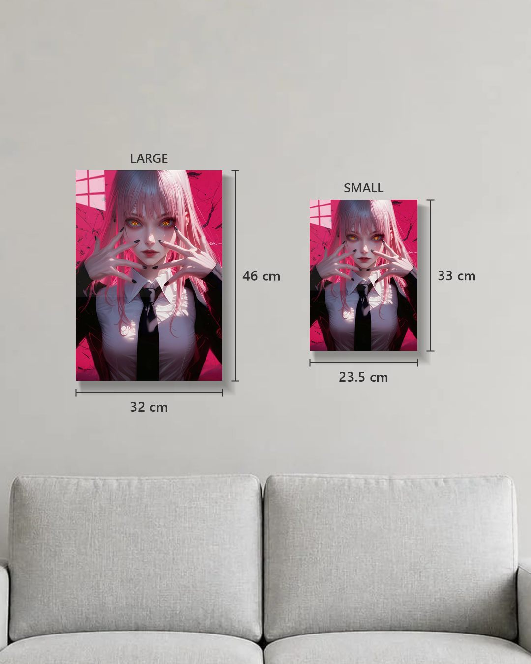 Chainsaw Man Makima metal poster true size, Large 46 x 32 cm and Small 33 x 23.5 cm on a wall above a sofa