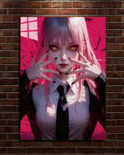 Chainsaw Man Makima metal poster, Makima with ringed golden eyes on a pink background