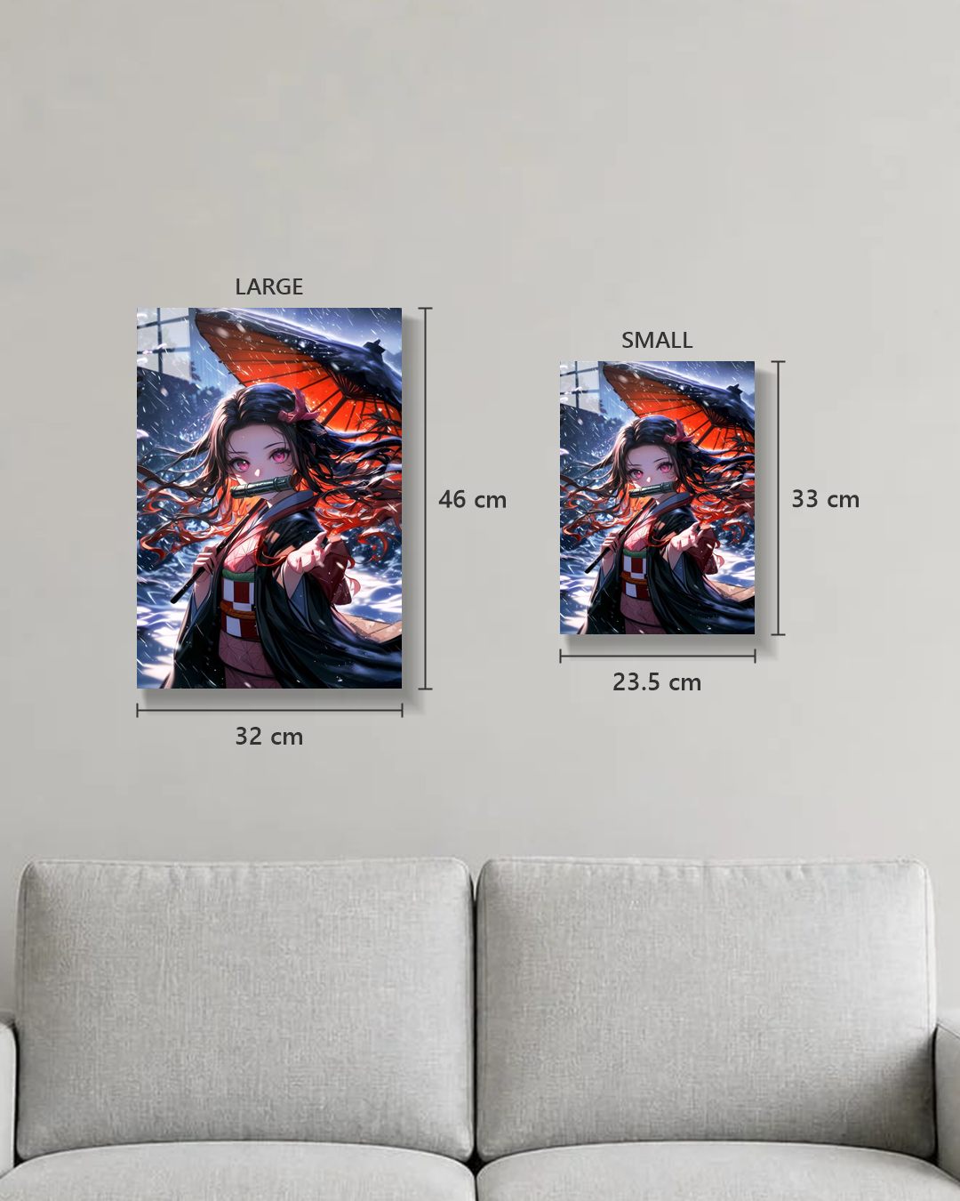Demon Slayer Nezuko metal poster true size, Large 46 x 32 cm and Small 33 x 23.5 cm on a wall above a sofa