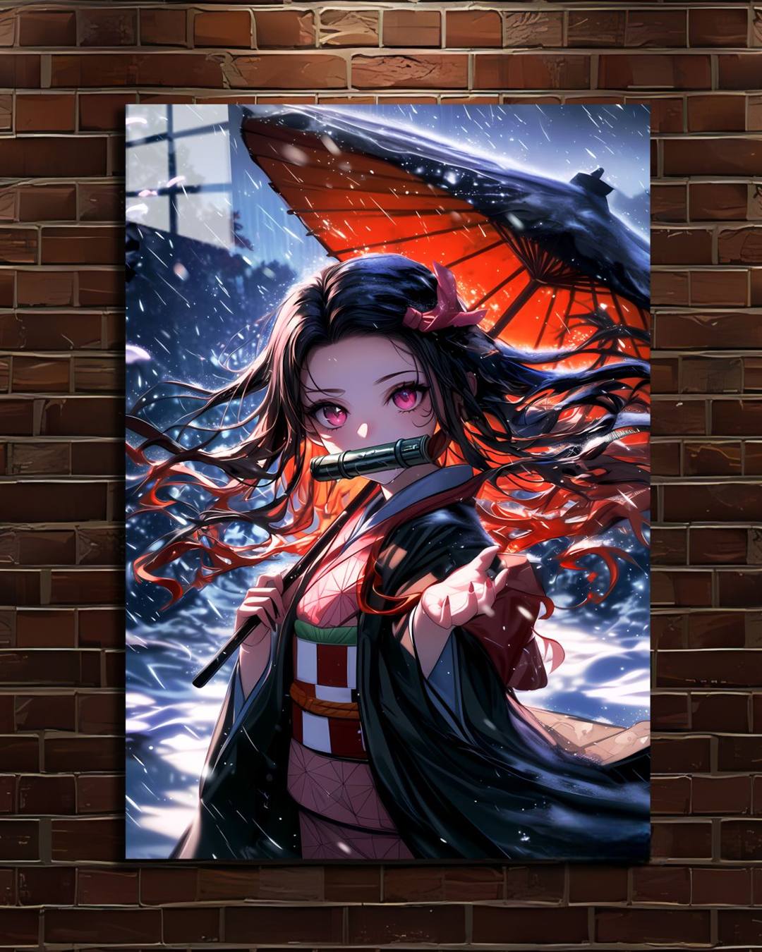 Demon Slayer Nezuko Kamado metal poster, Nezuko with a red umbrella in the snow