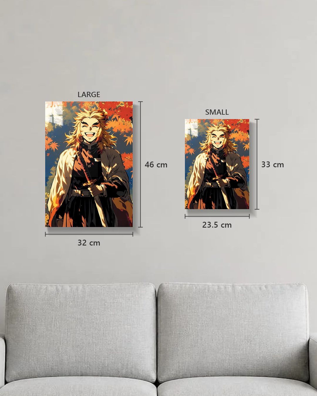Demon Slayer Rengoku metal poster true size, Large 46 x 32 cm and Small 33 x 23.5 cm on a wall above a sofa