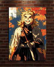 Demon Slayer Kyojuro Rengoku metal poster, Rengoku smiling among autumn leaves