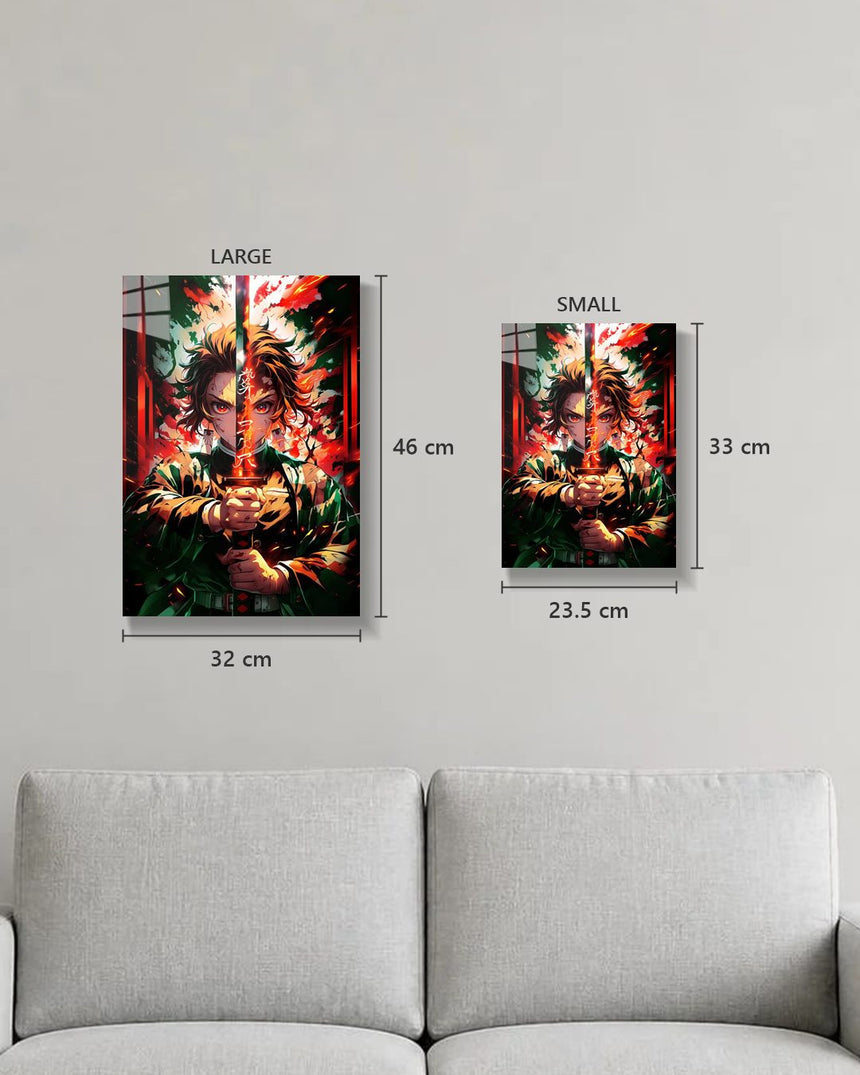 Demon Slayer Tanjiro metal poster true size, Large 46 x 32 cm and Small 33 x 23.5 cm on a wall above a sofa