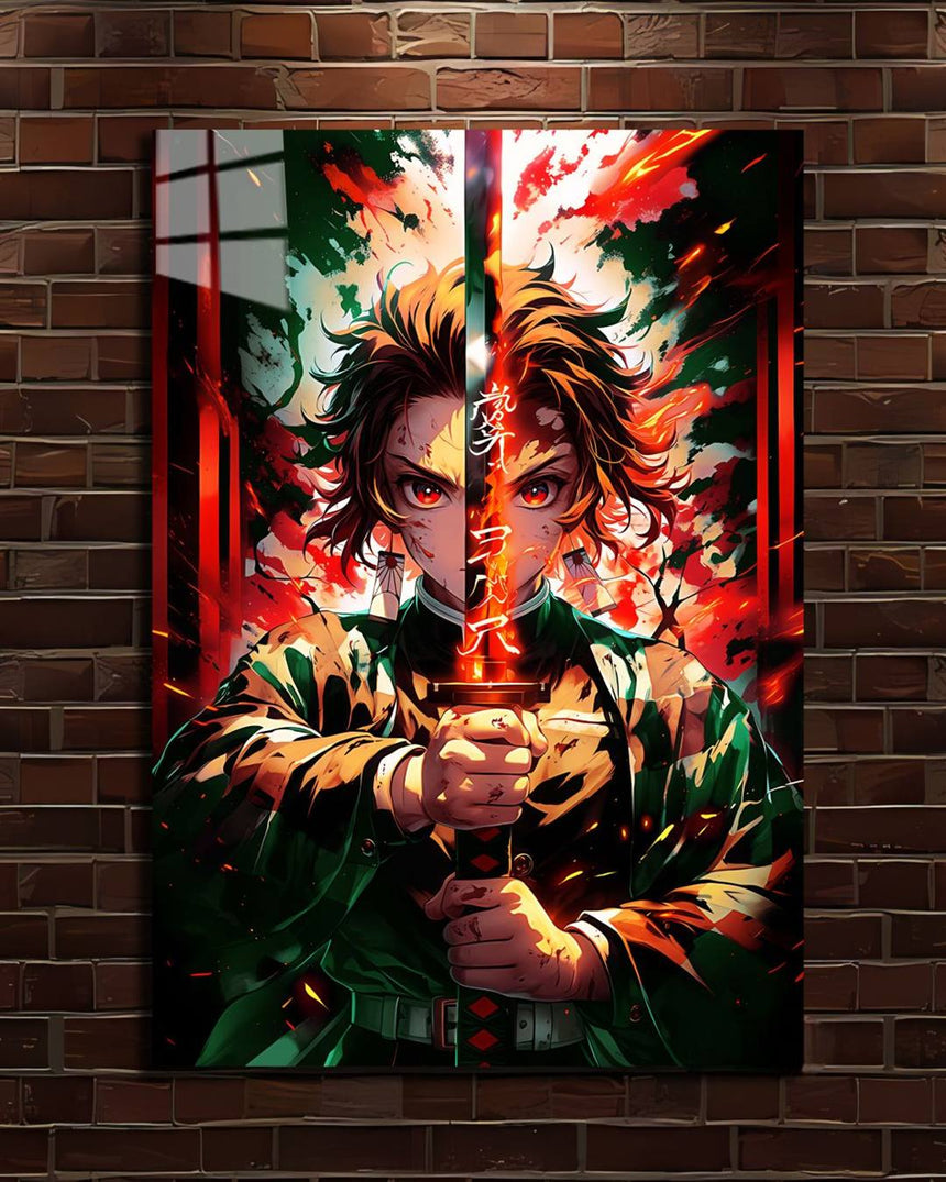 Demon Slayer Tanjiro Kamado metal poster, Tanjiro holding his sword among red leaves