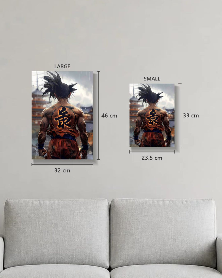 Dragon Ball Goku metal poster true size, Large 46 x 32 cm and Small 33 x 23.5 cm on a wall above a sofa