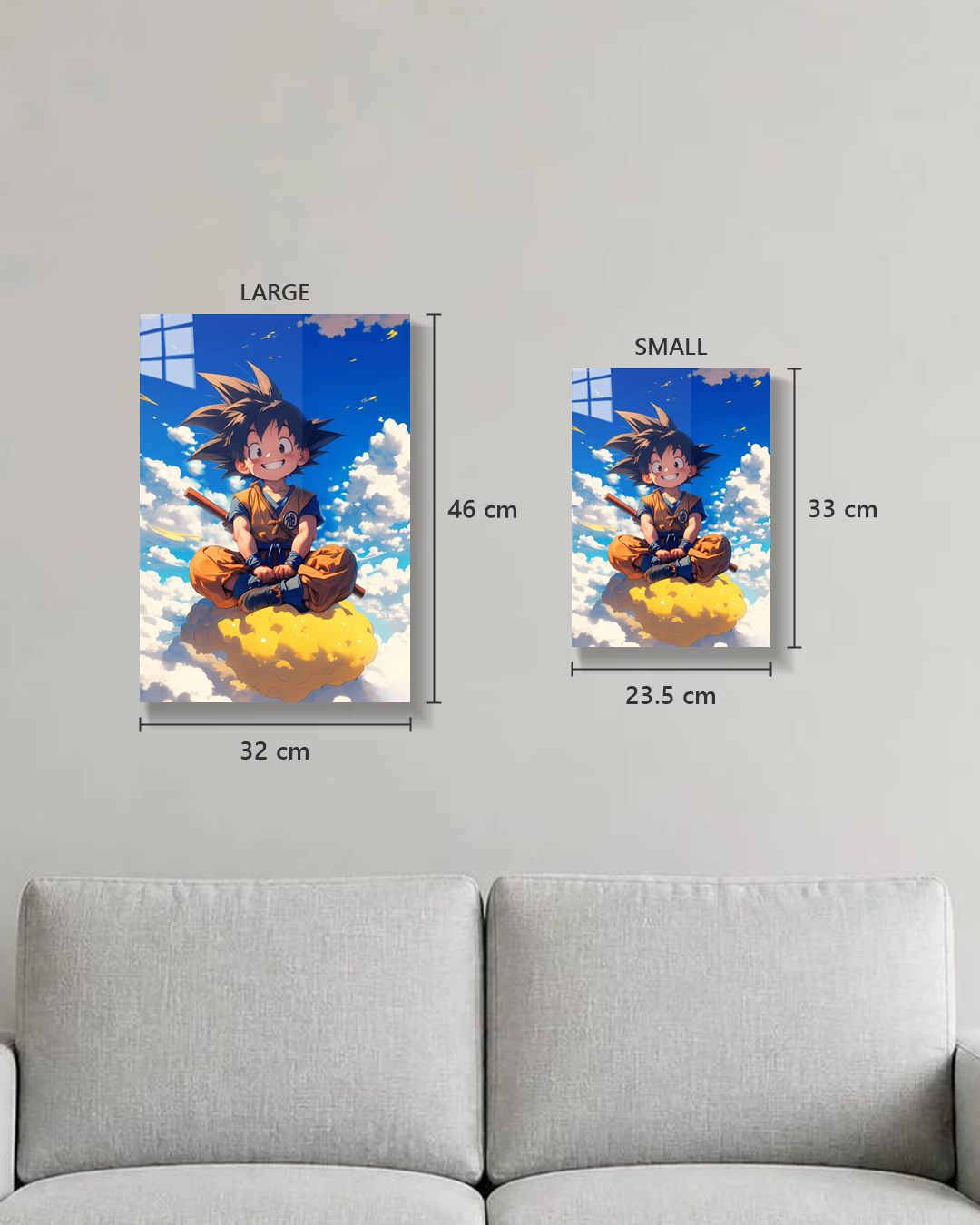 Dragon Ball Kid Goku metal poster true size, Large 46 x 32 cm and Small 33 x 23.5 cm on a wall above a sofa
