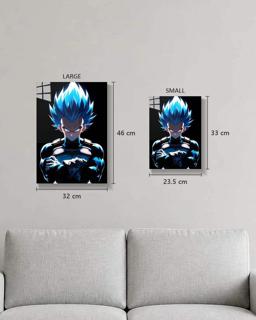Dragon Ball Vegeta metal poster true size, Large 46 x 32 cm and Small 33 x 23.5 cm on a wall above a sofa