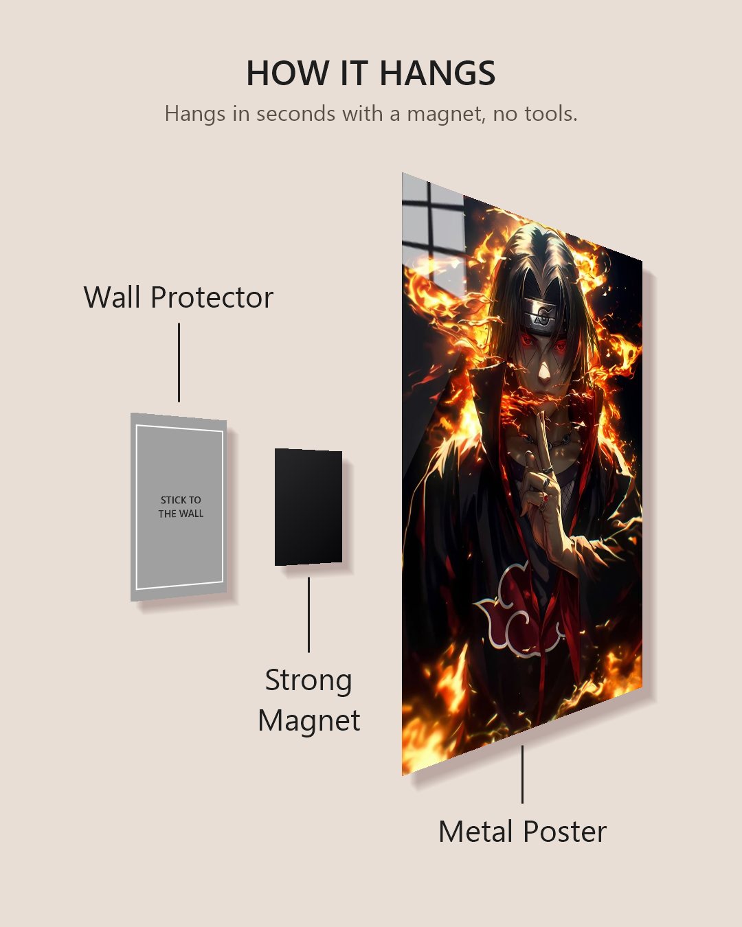 How the metal poster hangs: stick the wall protector on the wall, add the strong magnet, snap the metal poster on. No tools.
