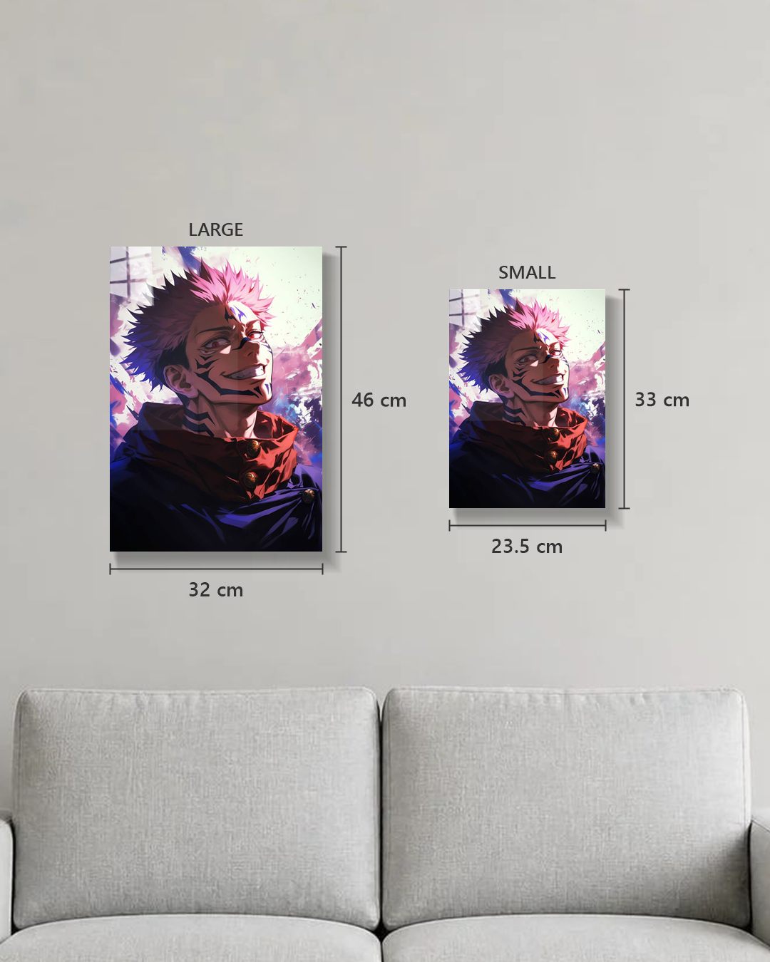 Jujutsu Kaisen Sukuna metal poster true size, Large 46 x 32 cm and Small 33 x 23.5 cm on a wall above a sofa