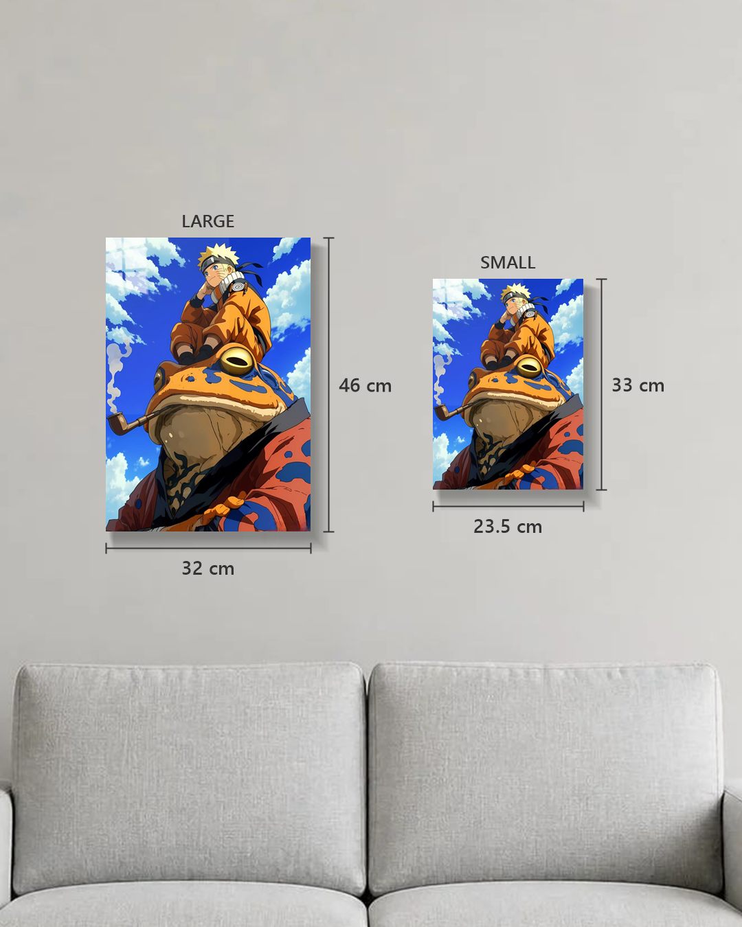Naruto Gamabunta metal poster true size, Large 46 x 32 cm and Small 33 x 23.5 cm on a wall above a sofa