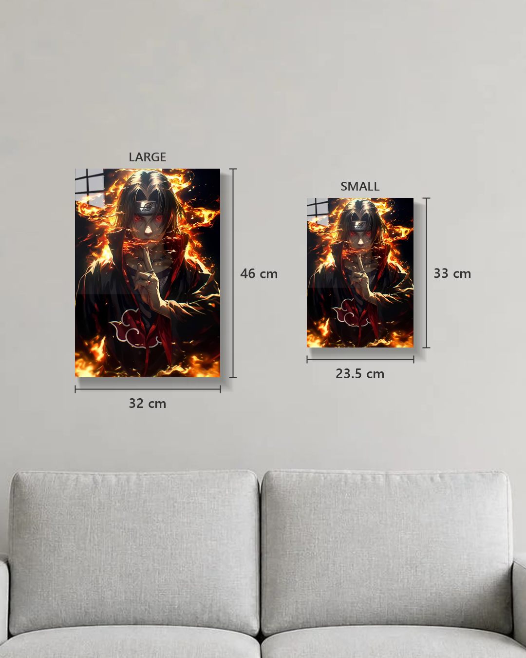 Naruto Itachi metal poster true size, Large 46 x 32 cm and Small 33 x 23.5 cm on a wall above a sofa
