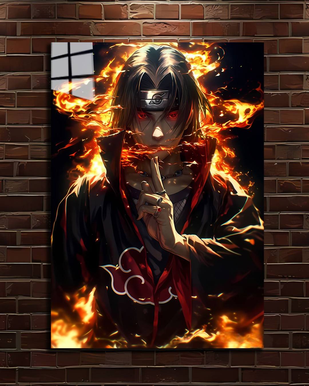 Naruto Itachi Uchiha metal poster, Itachi in his Akatsuki cloak surrounded by fire