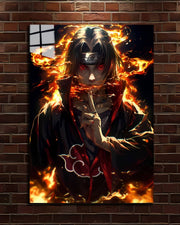 Naruto Itachi Uchiha metal poster, Itachi in his Akatsuki cloak surrounded by fire