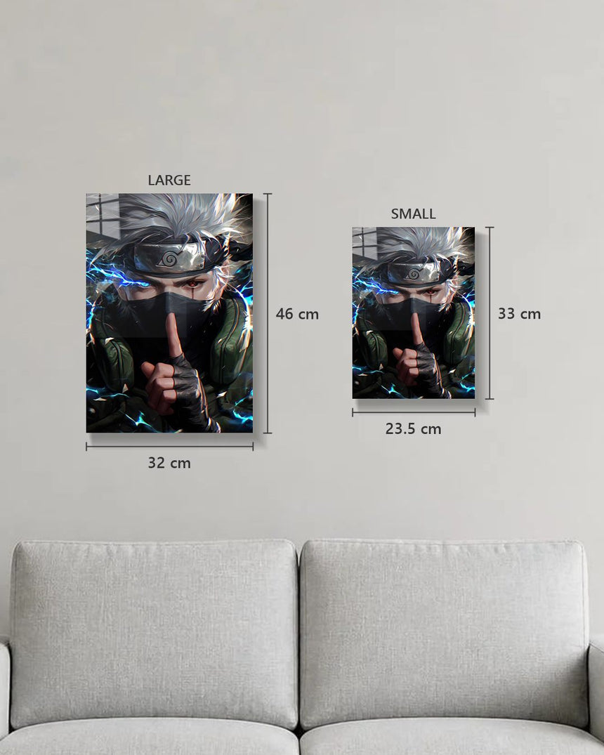 Naruto Kakashi metal poster true size, Large 46 x 32 cm and Small 33 x 23.5 cm on a wall above a sofa