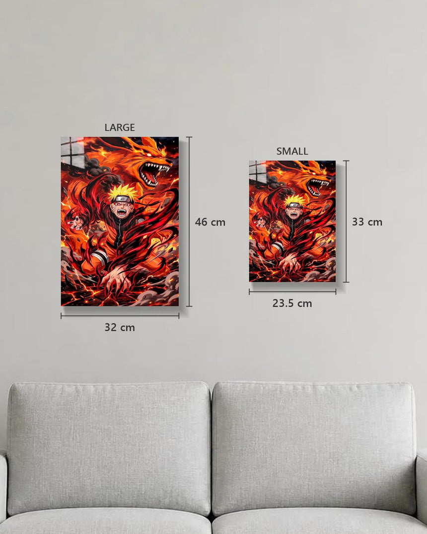 Naruto Kurama metal poster true size, Large 46 x 32 cm and Small 33 x 23.5 cm on a wall above a sofa