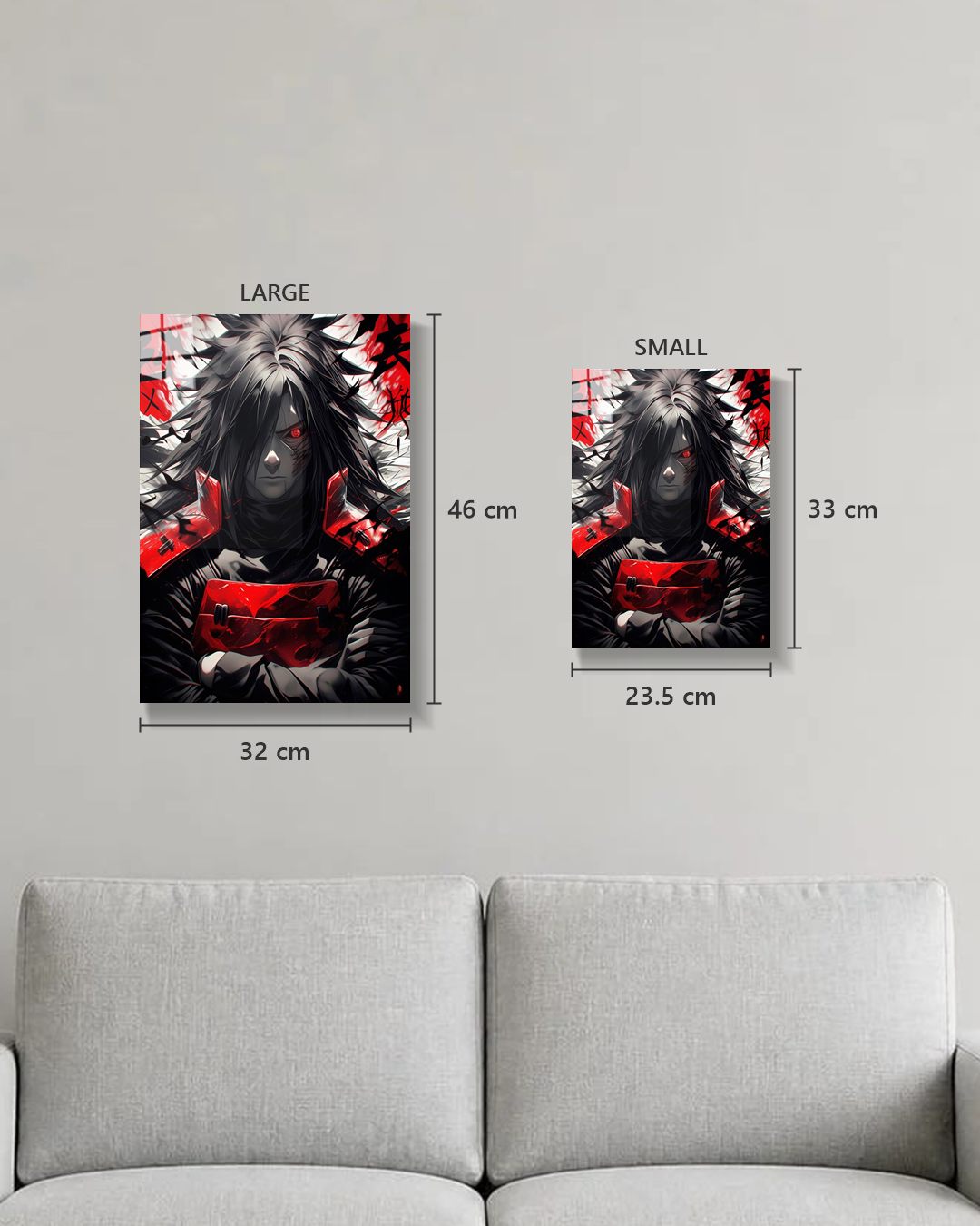 Naruto Madara metal poster true size, Large 46 x 32 cm and Small 33 x 23.5 cm on a wall above a sofa