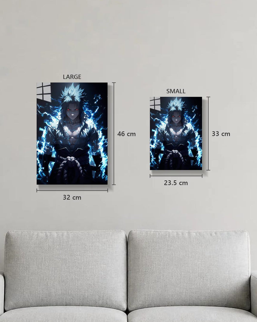 Naruto Sasuke metal poster true size, Large 46 x 32 cm and Small 33 x 23.5 cm on a wall above a sofa