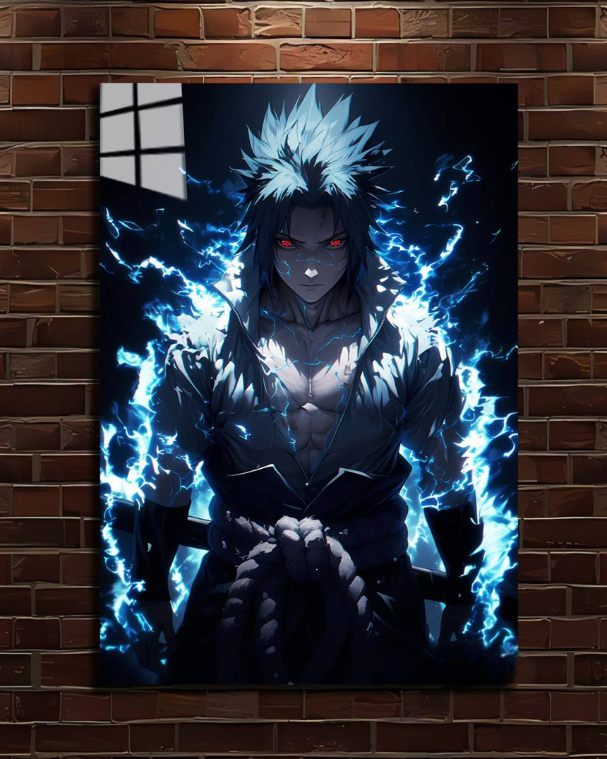 Naruto Sasuke Uchiha metal poster, Sasuke with red Sharingan surrounded by blue lightning