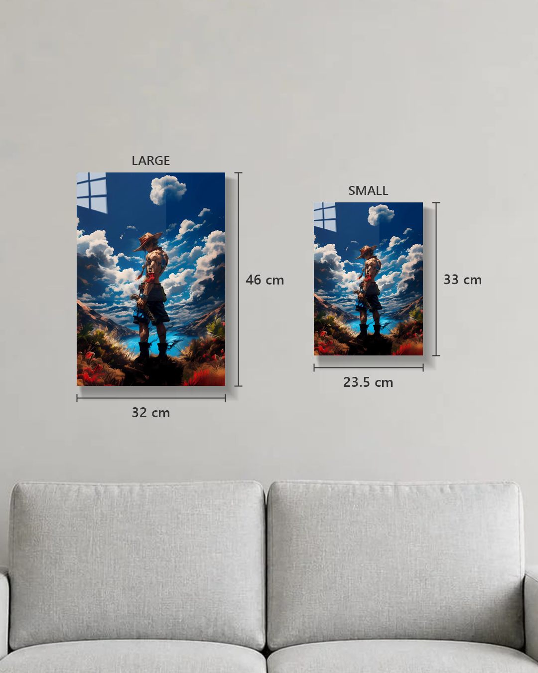 One Piece Ace metal poster true size, Large 46 x 32 cm and Small 33 x 23.5 cm on a wall above a sofa