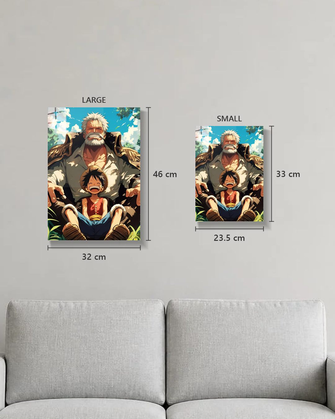 One Piece Garp and Luffy metal poster true size, Large 46 x 32 cm and Small 33 x 23.5 cm on a wall above a sofa