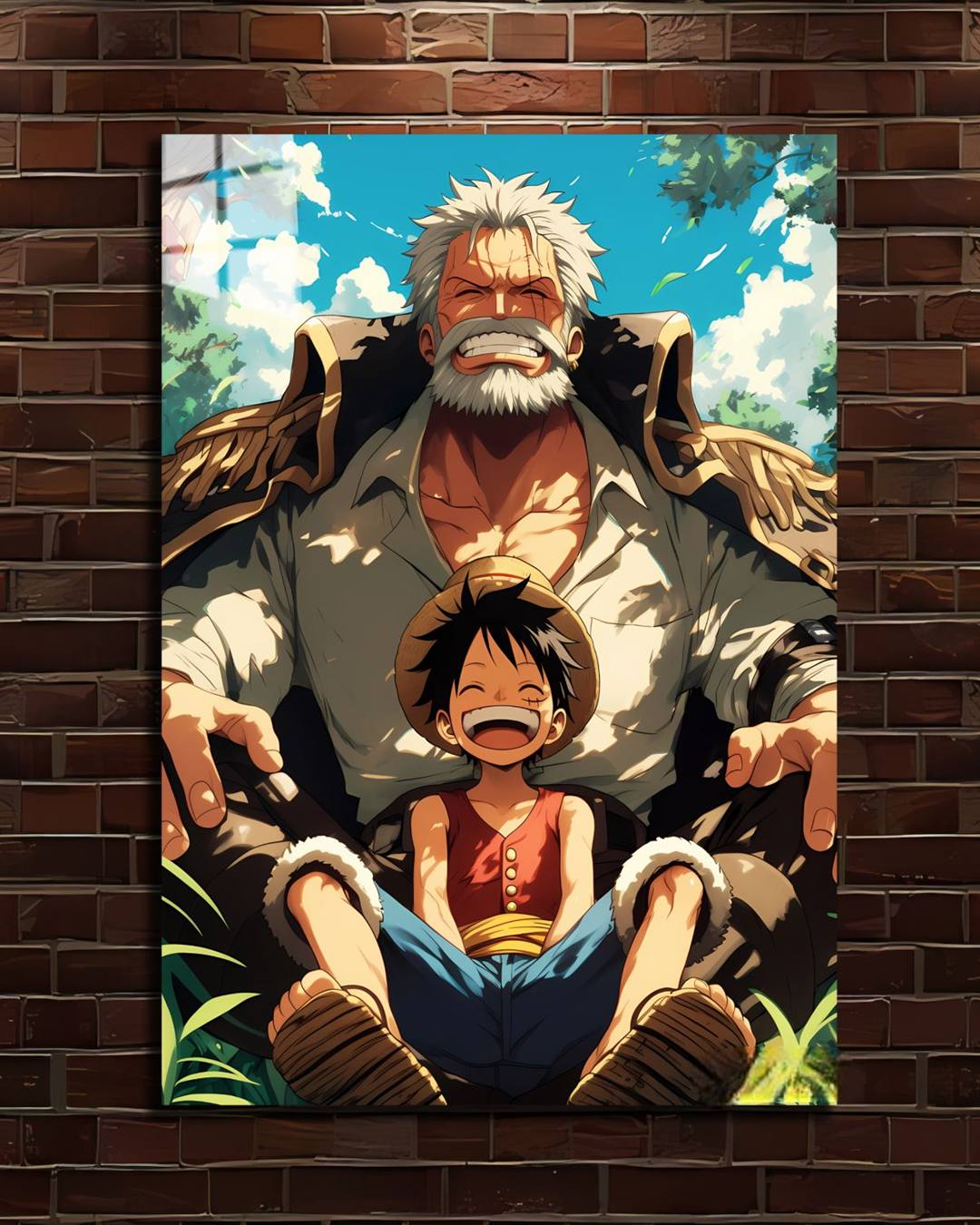 One Piece Garp and Luffy metal poster, Garp with little Luffy laughing in the grass