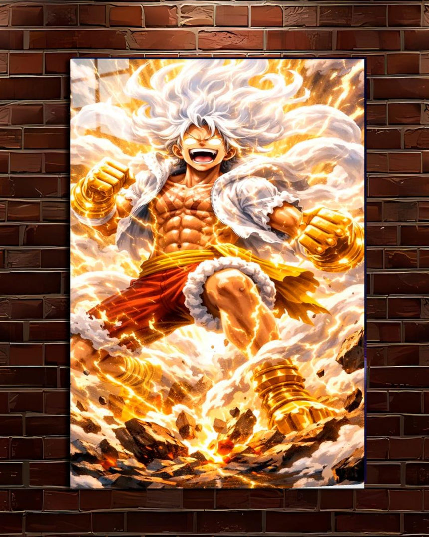 One Piece Luffy Gear 5 metal poster, Luffy with white hair laughing with golden fists