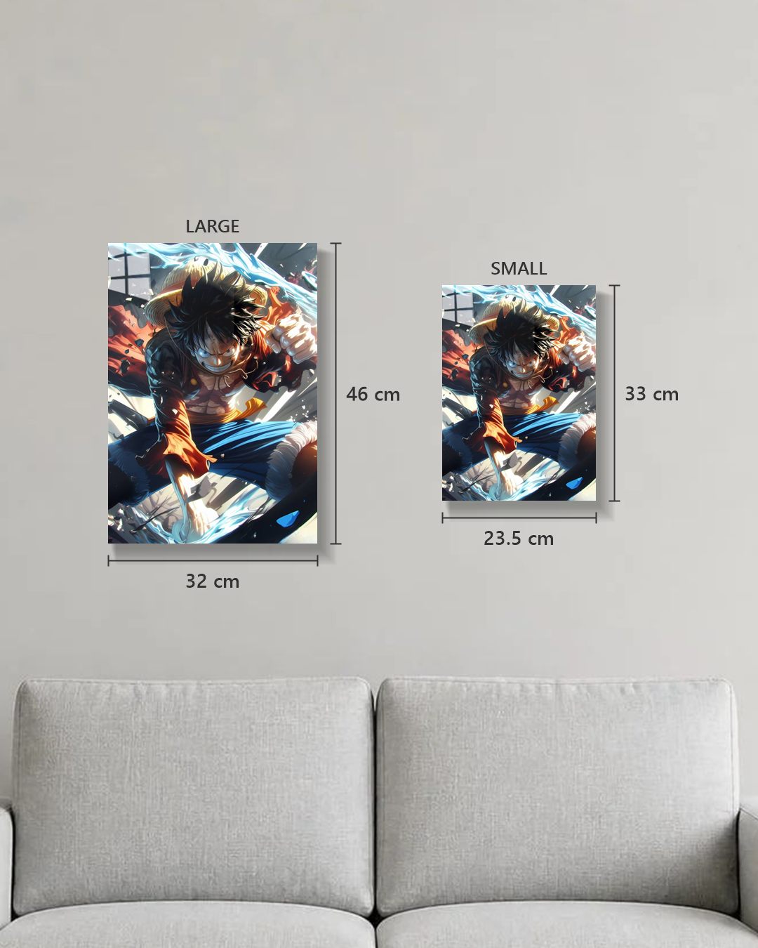 One Piece Luffy Gear metal poster true size, Large 46 x 32 cm and Small 33 x 23.5 cm on a wall above a sofa