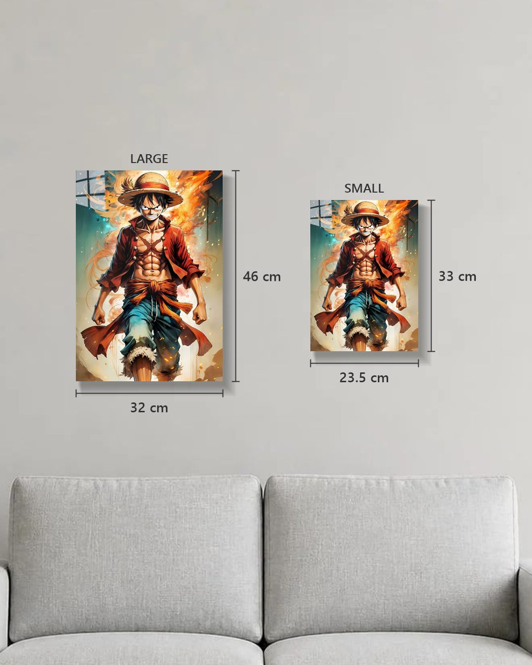 One Piece Luffy metal poster true size, Large 46 x 32 cm and Small 33 x 23.5 cm on a wall above a sofa