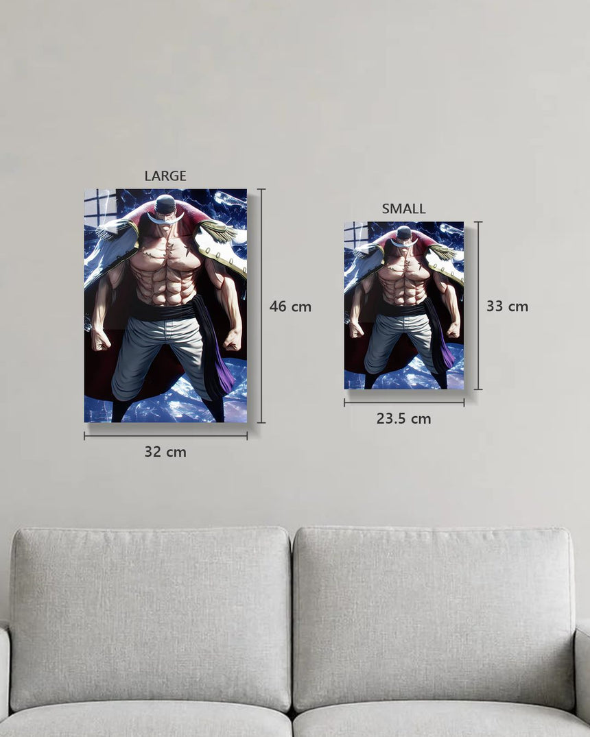 One Piece Whitebeard metal poster true size, Large 46 x 32 cm and Small 33 x 23.5 cm on a wall above a sofa