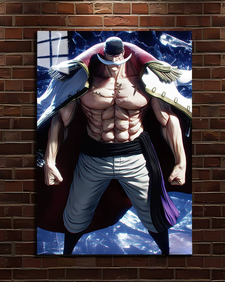 One Piece Whitebeard metal poster, Whitebeard in his captain coat with the air cracking around him