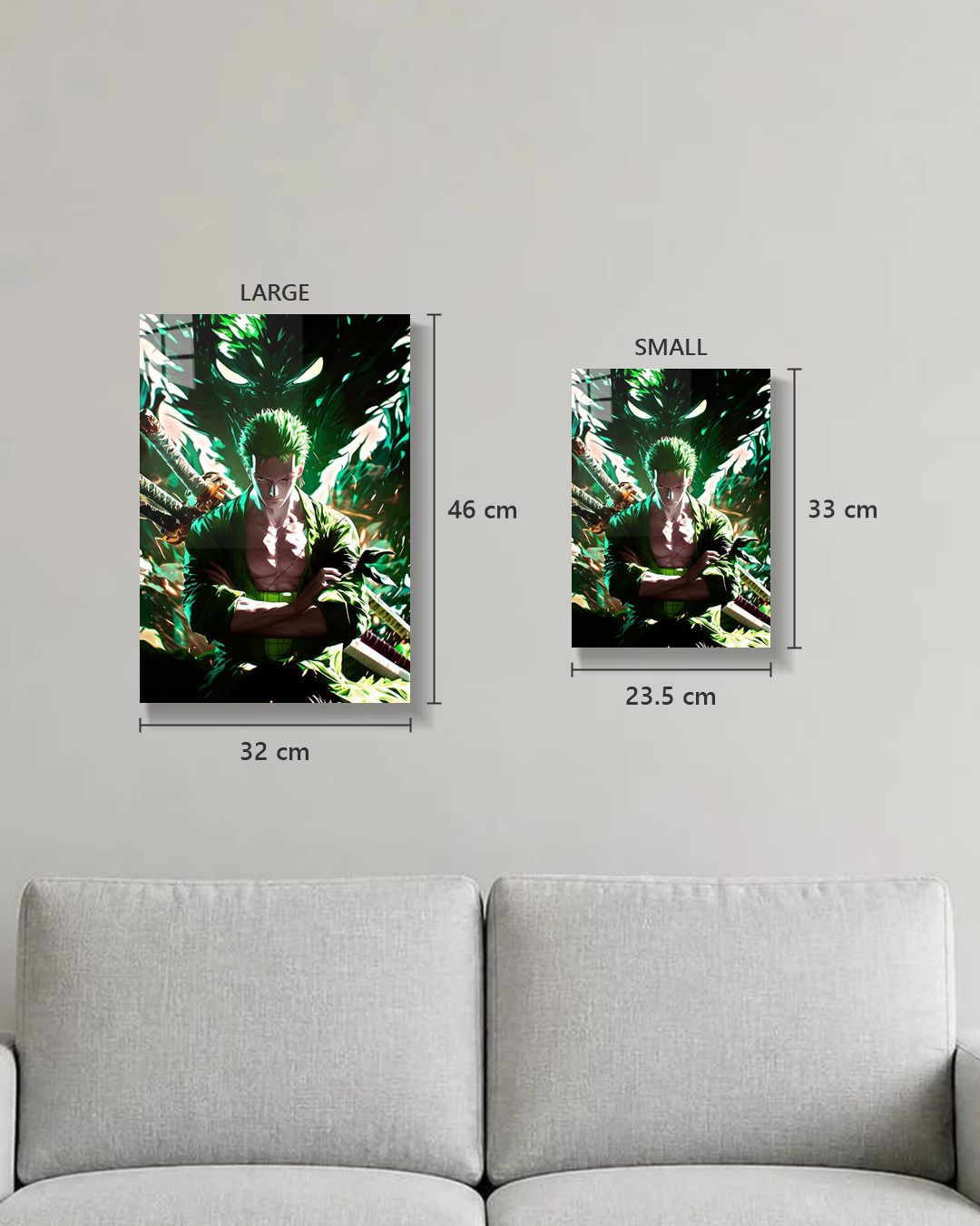 One Piece Zoro V2 metal poster true size, Large 46 x 32 cm and Small 33 x 23.5 cm on a wall above a sofa