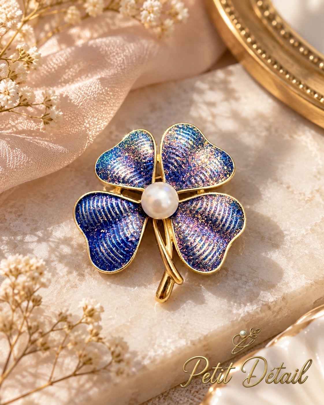 Midnight Blue Glitter Four-Leaf Clover Brooch Petit Détail Lebanon